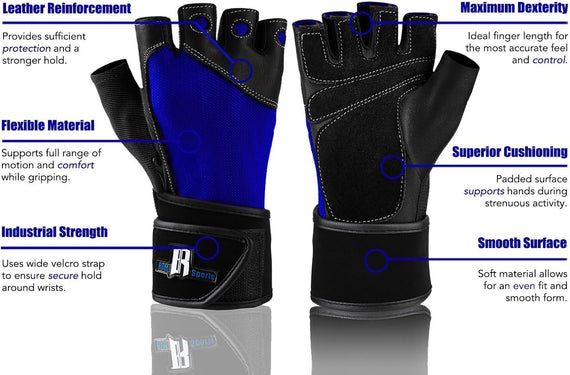 Premium Leather Weight Lifting Gloves with Wrist Support for Supreme Protection Wrist Wrap Gloves with Palm Padded and Thumb Protected Workout Gloves for Weightlifting, Pullups & Deadlift