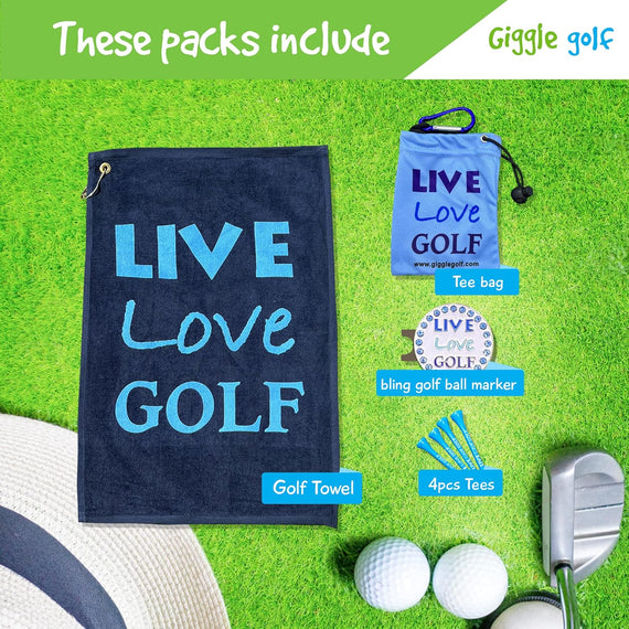 Par 3 - Golf Towel, Tee Bag with 4 Tees, and Bling Ball Marker with Hat Clip - Perfect Golf Gift for Women (Live Love Golf)