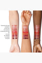 Lipstick swatches on three different skin tones with color names. Rouge Dior Sequin Liquid Duo - Limited Edition 747 Flame chart