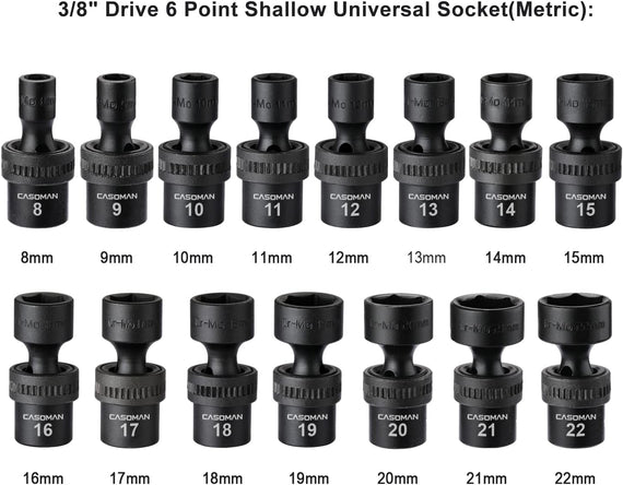 15 PCS 3/8" Drive Standard Universal Impact Socket Set, 6-Point, Metric, 8Mm - 22Mm