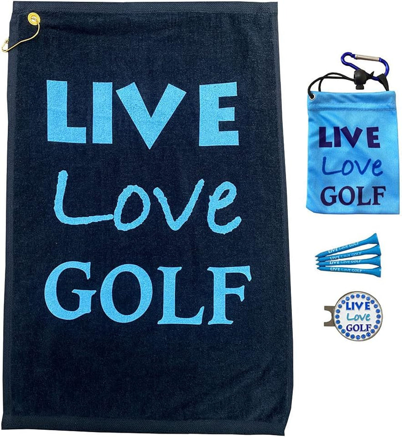 Par 3 - Golf Towel, Tee Bag with 4 Tees, and Bling Ball Marker with Hat Clip - Perfect Golf Gift for Women (Live Love Golf)