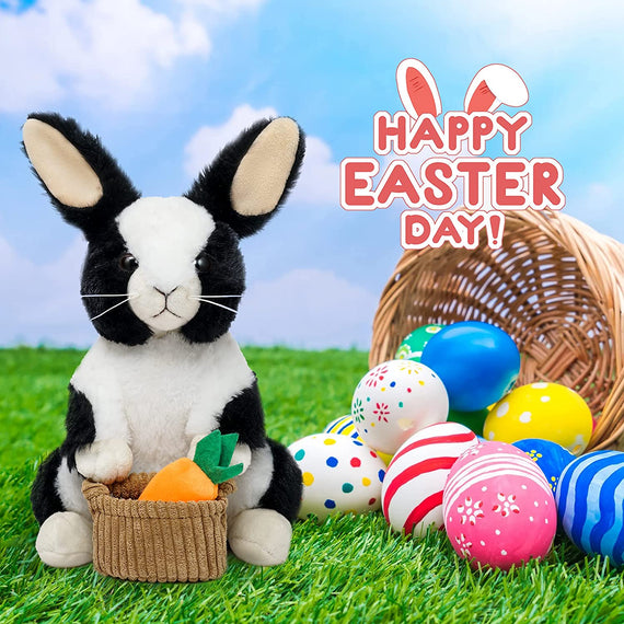 Bunny Stuffed Animal, 12" Stuffed Bunny with Floppy Ears & Holding Basket, Machine Washable& Softness, Stuffed Bunny for Girls Boys Kids Babies Great Gifts Decorations(Black)