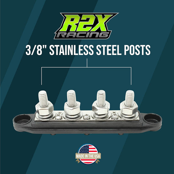 4 Post Power Distribution Block Bus Bar Pair with Cover - Made in the USA - 250 Amp Rating – Marine Bus Bar, Automotive, and Solar Wiring – Battery Terminal Distribution Block - (3/8” Black)