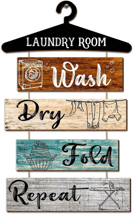 5 Pieces Laundry Room Decor Rustic Vintage Farmhouse Room Rules Hanging Sign Wooden Wash Dry Fold Repeat Laundry Accessories for Bathroom,Home 19.7 X 11 Inch(Multicolored Backing)