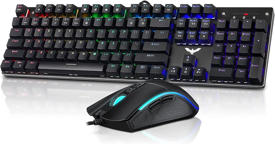Havit Mechanical Keyboard and Mouse, Wired Gaming Keyboard Blue Switch 104 Keys Rainbow Backlit Keyboard and 7 Button Wired Mouse 4800 DPI for PC Computer Gamer (Black)