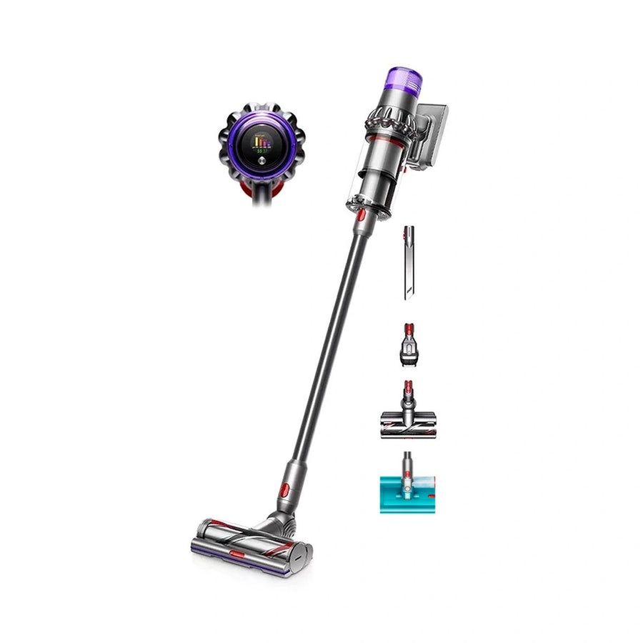 Dyson vacuum cleaner with attachments on a white background