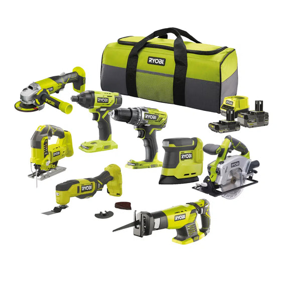 Ryobi 18V ONE+ Combo Kit 8-osaline elektritööriistade komplekt praktilises kotis, sh akud ja tarvikud 