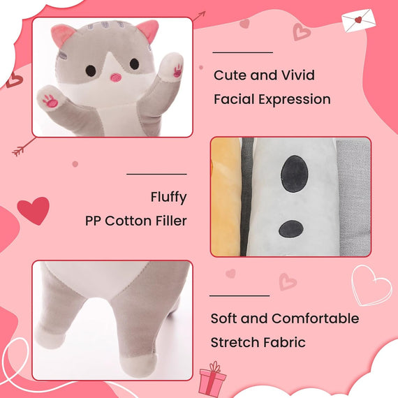 Cute Cat Plush Long Body Pillow – Soft Cartoon Stuffed Animal Doll, Kawaii Cat Plushie Valentines Day Gifts for Kids, Girls & Girlfriend (Gray, 19.7 Inch)