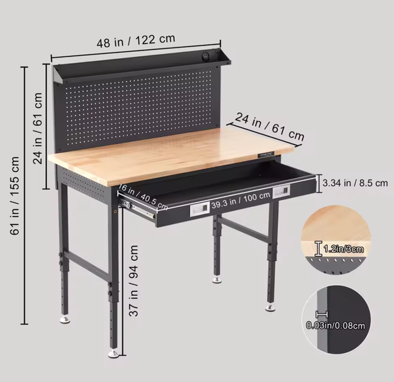 Lehtpuidust tööpink, raske tammest plank, töölaud, süsinikterasest, 3 m kaabliga, 30 konksu, garaaži, kontori ja töökoja jaoks 